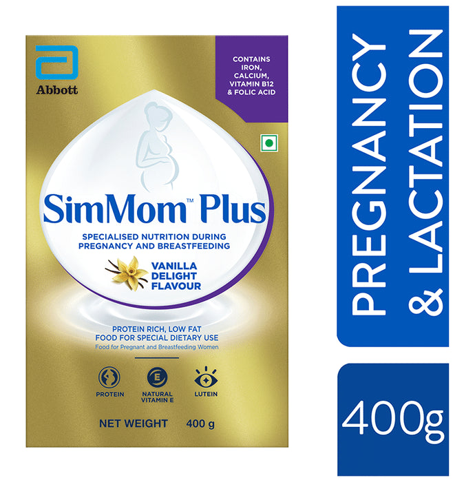 SimMom Plus with Vitamin E, Protein & Lutein | For Pregnant & Breastfeeding Women | Flavour Vanilla Delight Powder