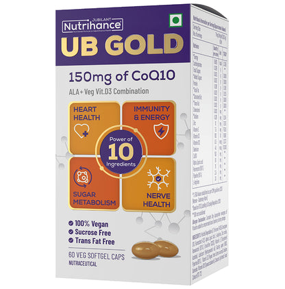 Jubilant Nutrihance UB Gold 150mg of CoQ10 with ALA & Vitamin D3 | Veg Softgel for Heart & Nerve Health - Classic Derma