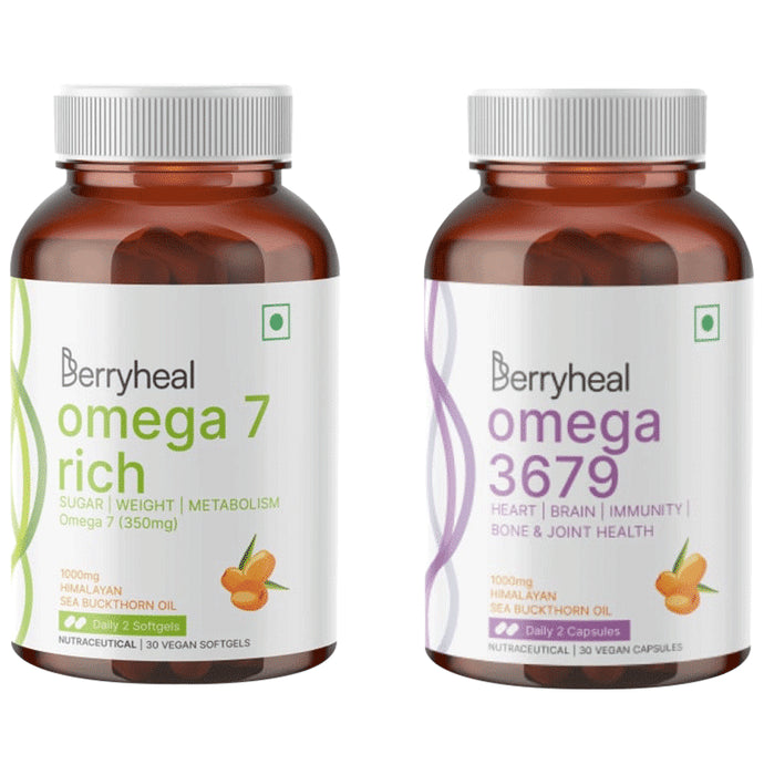 Berryheal Combo Pack of Omega 3,6,7,9 Life Oil Sea Buckthorn Whole Berry Oil Capsule & Omega 7 Rich Life Oil Sea Buckthorn Berry Fruit Oil Vegan Capsule (30 Each) - Classic Derma