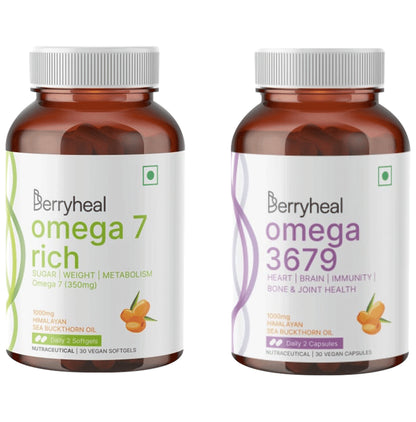Berryheal Combo Pack of Omega 3,6,7,9 Life Oil Sea Buckthorn Whole Berry Oil Capsule & Omega 7 Rich Life Oil Sea Buckthorn Berry Fruit Oil Vegan Capsule (30 Each) - Classic Derma