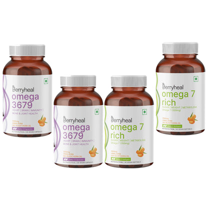 Berryheal Omega 3679 1000mg 30 Vegan Capsules (2) & Omega 7 Rich 1000mg 30 Vegan Softgels (2) - Classic Derma