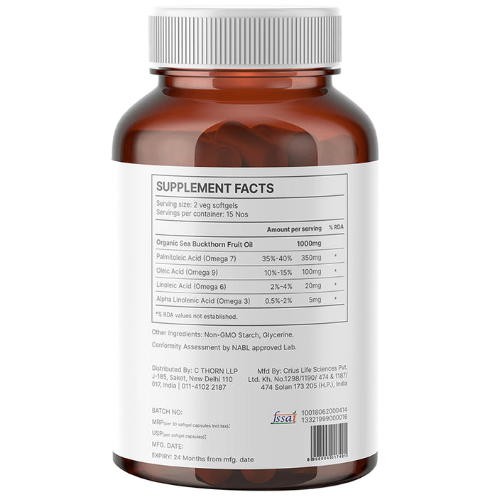 Berryheal Omega 7 Rich Life Oil Sea Buckthorn Berry Fruit Oil Vegan Capsule (30 Each)