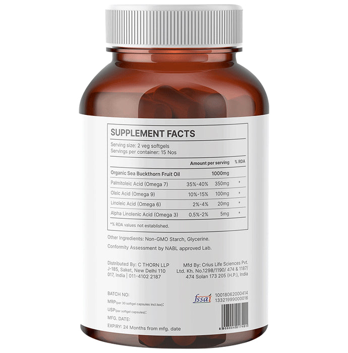 Berryheal Omega 7 Rich Life Oil Sea Buckthorn Berry Fruit Oil Vegan Capsule (30 Each)