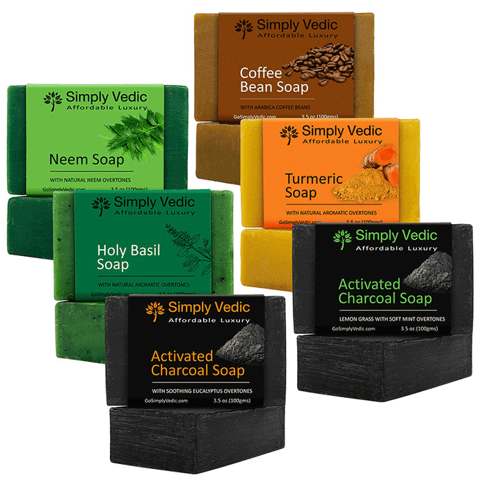 Simply Vedic Combo Pack of Soap 100gm Each ( Neem,Holy Basil, Turmeric, Coffee Bean , Activated Charcoal Eucalyptus & Charcoal Lemongrass Mint ) - Classic Derma