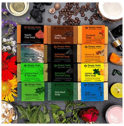 Simply Vedic Combo Pack of Soap 100gm Each ( Neem,Holy Basil, Turmeric, Coffee Bean , Activated Charcoal Eucalyptus & Charcoal Lemongrass Mint )
