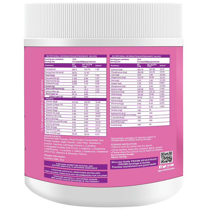 Pro360 Slim Protein with CLA & Garcinia for Nutrition | Sugar Free | Flavour Strawberry