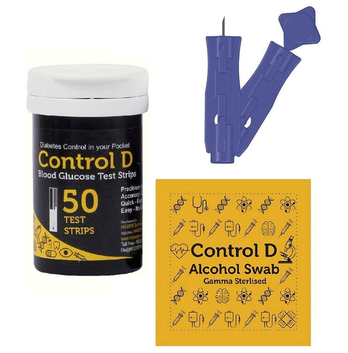 Control D Combo Pack of 50 Test Strips, 50 Alcohol Swabs and 50 Lancets - Classic Derma