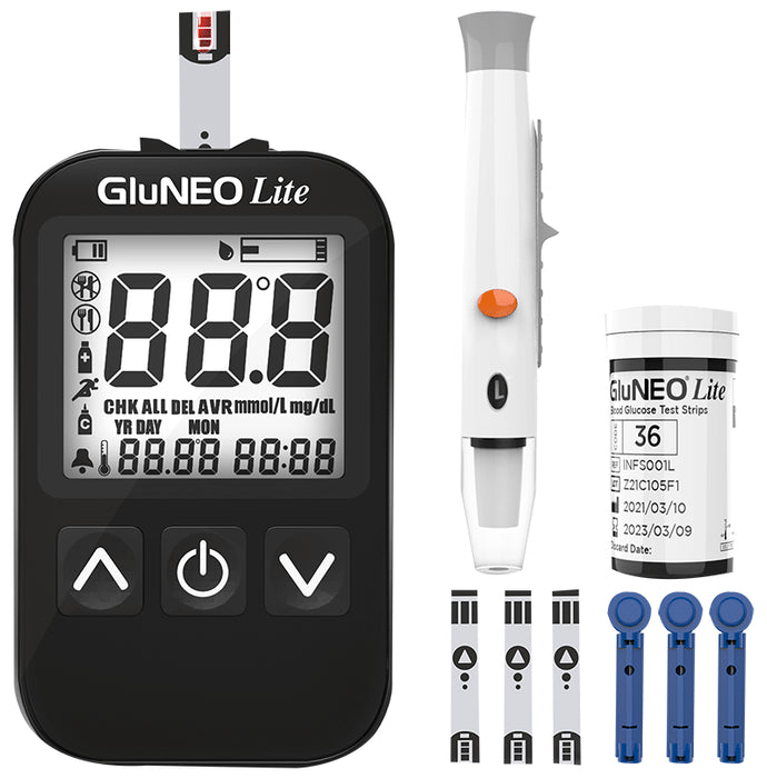 K-Life GluNeo Lite Blood Glucose Monitoring System Glucometer for Self Testing with 25 Test Strip Black - Classic Derma