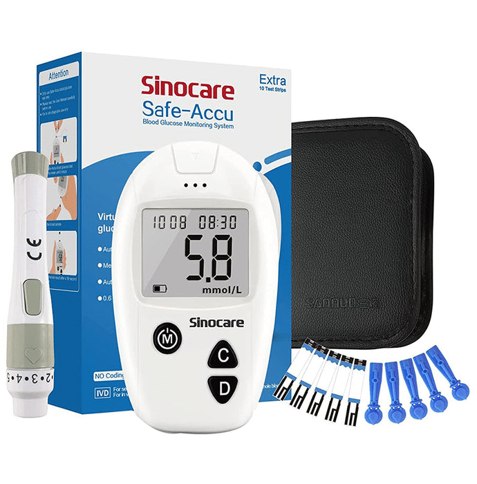 Sinocare Safe- Accu Blood Sugar Monitor Kit with 10 Strips & 10 Lancets - Classic Derma