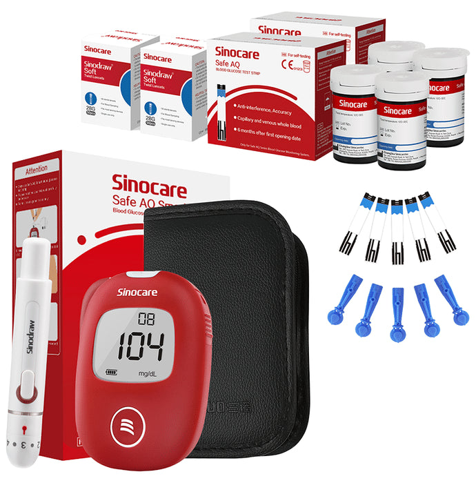 Sinocare Safe AQ Smart Glucometer Blood Glucose Monitoring System with 100 Test Strips, 100 Lancets and A Lancing Device Free - Classic Derma