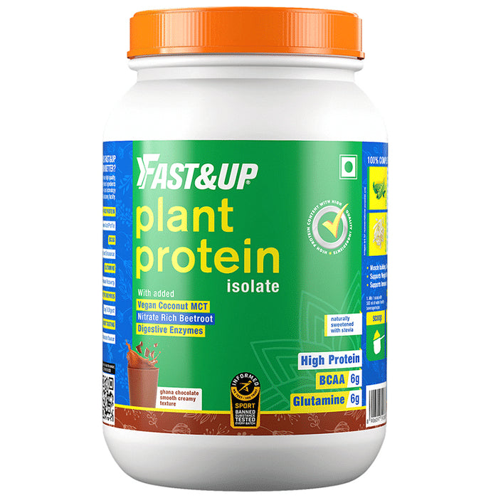 Fast&Up Plant Protein Isolate with Digestive Enzymes, 6g BCAA & 6g Glutamine | No Added Sugar | Flavour Ghana Chocolate - Classic Derma