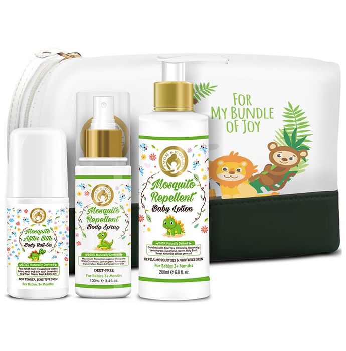 Mom & World Gentle Mosquito Repellent Combo (Mosquito After Bite Body Roll-On 50ml, Mosquito Repellent Body Spray 100ml and Mosquito Repellent Body Lotion 200ml) with Pouch - Classic Derma