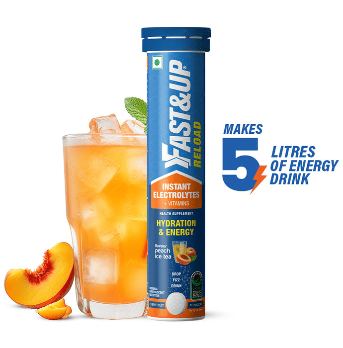 Fast&Up Reload with Instant Electrolytes & Vitamins for Hydration & Energy | Flavour Effervescent Tablet Peach Ice Tea