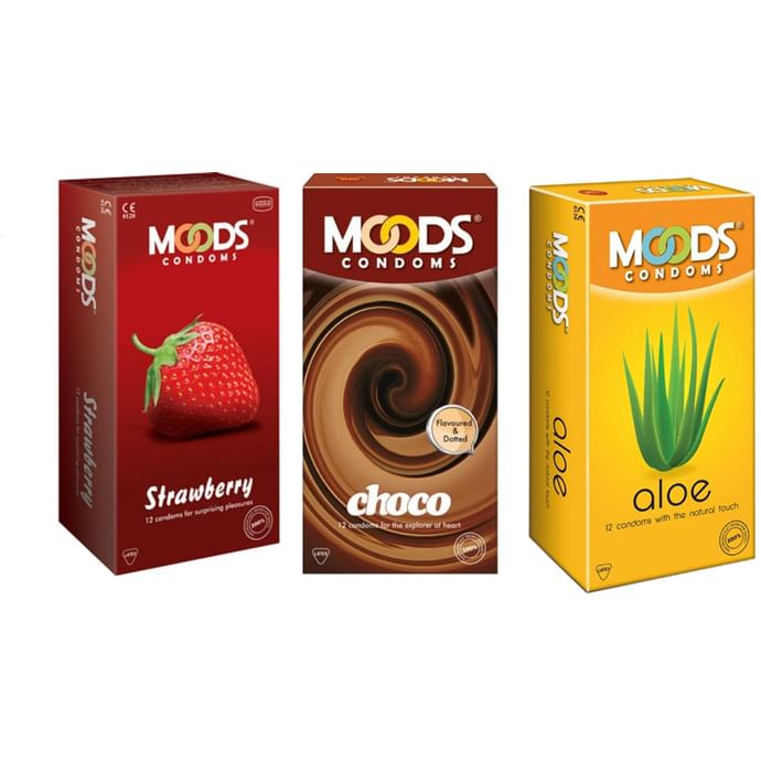 MOODS Combo Pack of Strawberry, Choco and Aloe Condom (12 Each) - Classic Derma