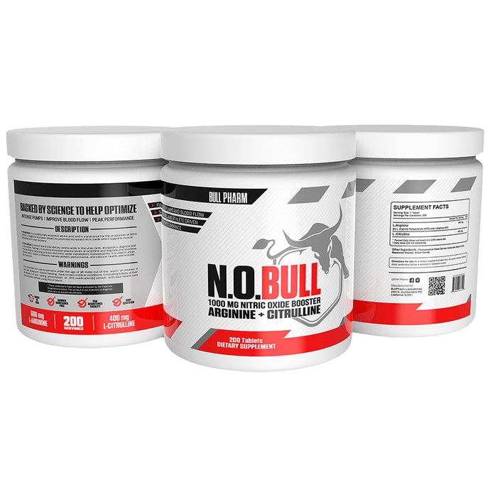 Bull Pharm N.O.Bull 1000mg Nitric Oxide Booster Arginine + Citrulline for Muscle Growth, Vascularity & Extra Strength Tablet