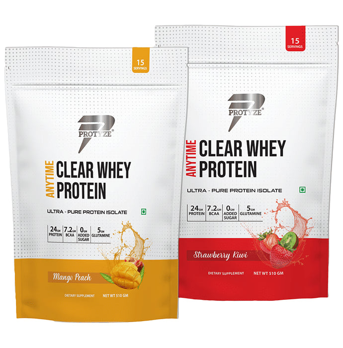 Protyze Anytime Clear Whey Protein (510gm Each) Mango Peach & Strawberry Kiwi - Classic Derma
