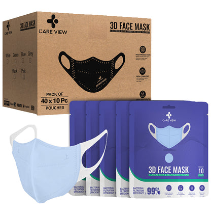 Care View 3 Dimensional Disposable Face Mask with 4 Layered Filtration and Soft Non-Woven Spandex Ear Loops Blue - Classic Derma