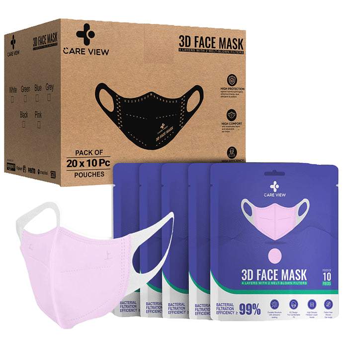 Care View 3 Dimensional Disposable Face Mask with 4 Layered Filtration and Soft Non-Woven Spandex Ear Loops Pink - Classic Derma