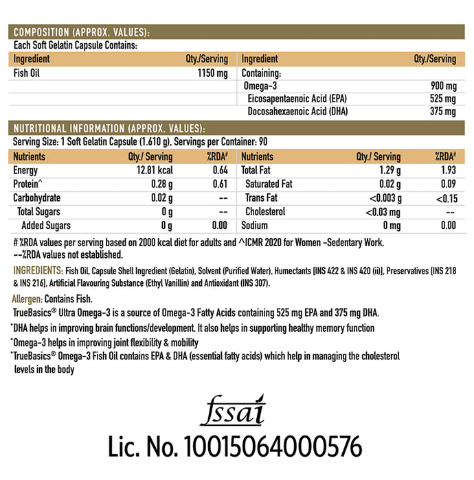 TrueBasics Ultra 1250mg Omega 3 with EPA & DHA for Heart, Joints & Eyes Health | Soft Gelatin Capsule
