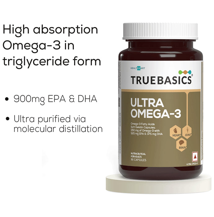 TrueBasics Ultra 1250mg Omega 3 with EPA & DHA for Heart, Joints & Eyes Health | Soft Gelatin Capsule