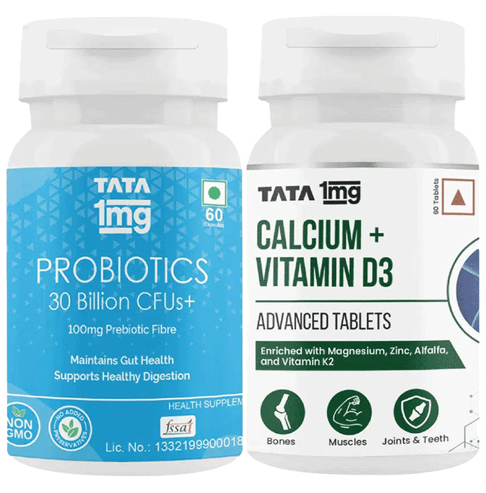 Combo Pack of Tata 1mg Calcium + Vitamin D3 Advanced Tablets & Probiotics 30 Billion CFUs+ Capsule (60 Each) - Classic Derma