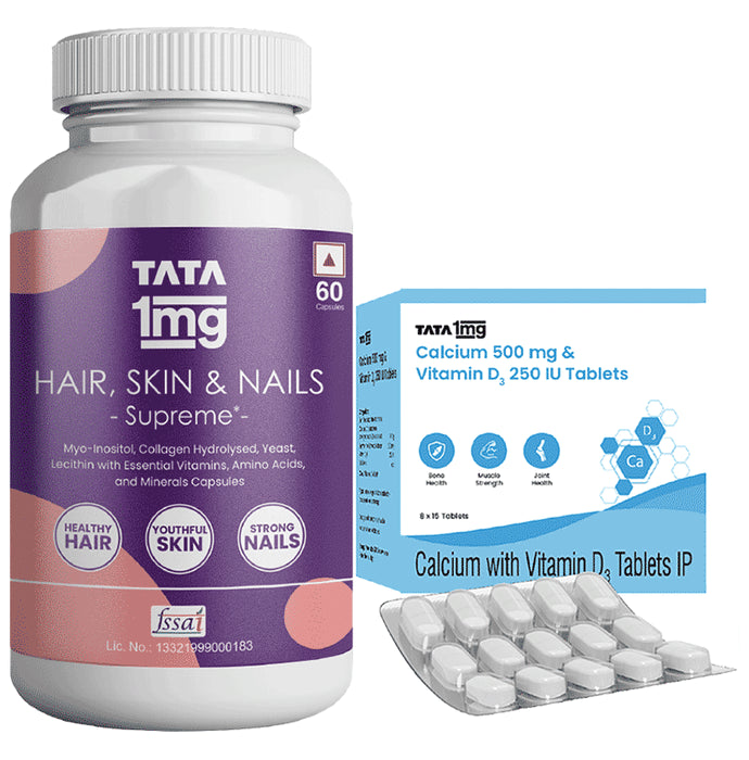 Combo Pack of Tata 1mg Hair, Skin & Nails Supreme Biotin Capsule (60) & Tata 1mg Calcium 500mg & Vitamin D3 250IU Tablet (15) - Classic Derma
