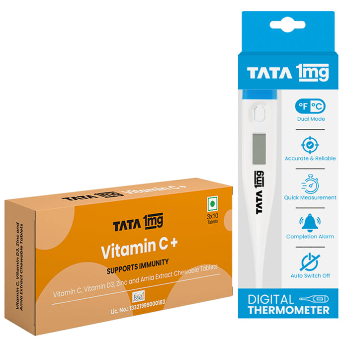 Combo Pack of Tata 1mg Vitamin C with Vitamin D3, Zinc and Amla Extract Chewable Veg Tablet, Supports Immunity (30) & Tata 1mg Digital Thermometer - Classic Derma