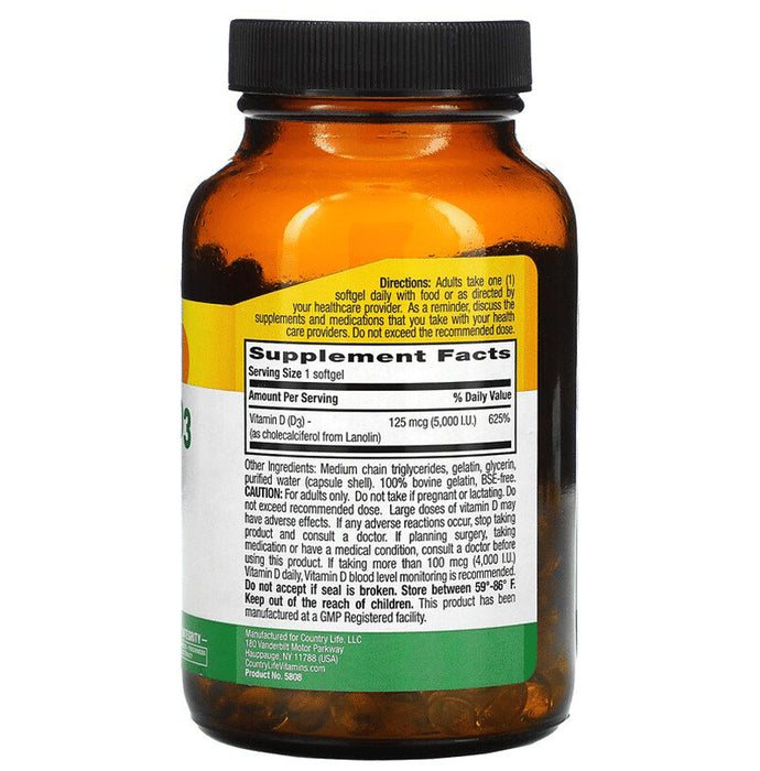 Country Life Vitamin D3 125mcg (5000 I.U.) Softgel