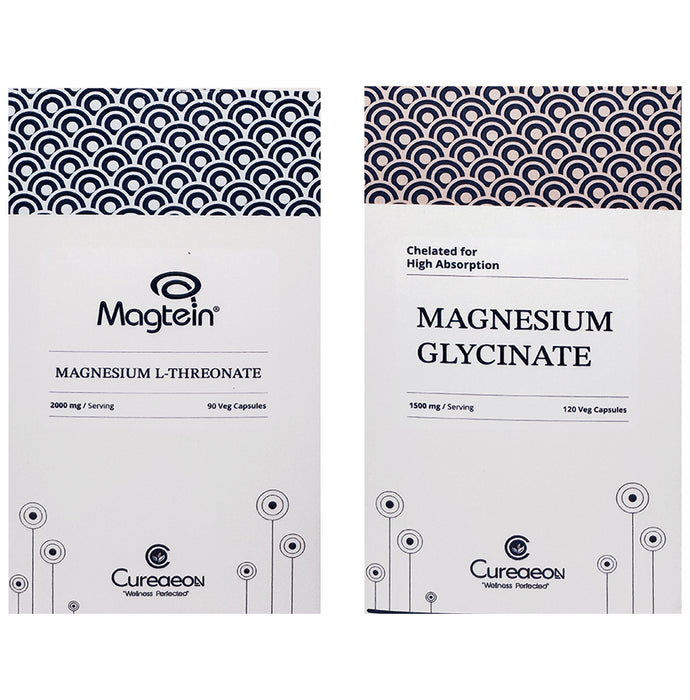 Cureaeon Combo Pack of Magnesium Glycinate Veg Capsule(120) & Magtein Magnesium L-Threonate Veg Capsule(90) - Classic Derma