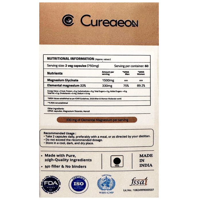 Cureaeon Combo Pack of Magnesium Glycinate Veg Capsule(120) & Magtein Magnesium L-Threonate Veg Capsule(90)