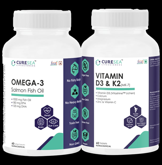 CURESEA Lifesciences Combo Pack of Omega-3 Salmon Fish Oil & Vitamin D3 & K2 MK-7 - Classic Derma