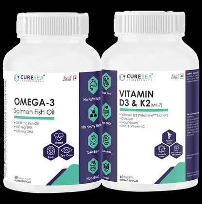 CURESEA Lifesciences Combo Pack of Omega-3 Salmon Fish Oil & Vitamin D3 & K2 MK-7 - Classic Derma