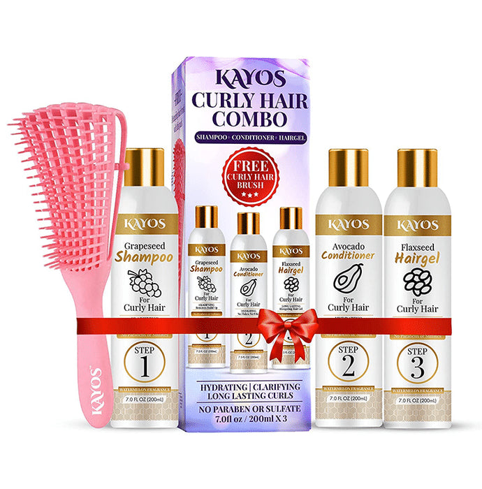Kayos Curly Hair Care Combo Pack of Grapeseed Shampoo, Avocado Conditioner & Flaxseed Hairgel (200ml Each) with Curly Hair Brush Free - Classic Derma