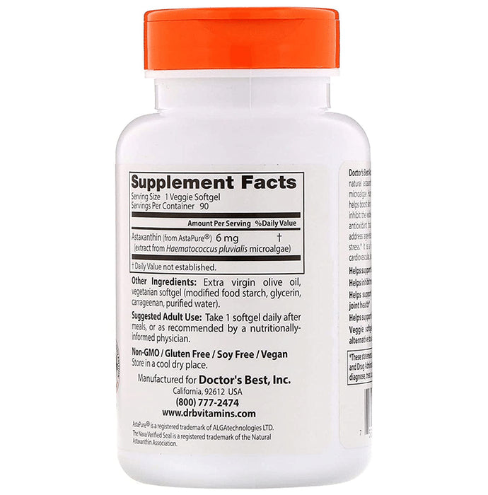 Doctor's Best Astaxanthin with AstaPure 6mg Veggie Softgels | Potent Natural Antioxidant