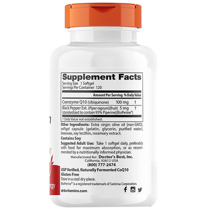 Doctor's Best High Absorption CoQ10 with Bioperine 100mg Softgels | For Heart Health & Energy