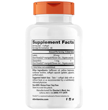 Doctor's Best Lutein with FloraGlo Lutein 20mg Softgels | Supports Visual Function & Neutralises Free Radicals