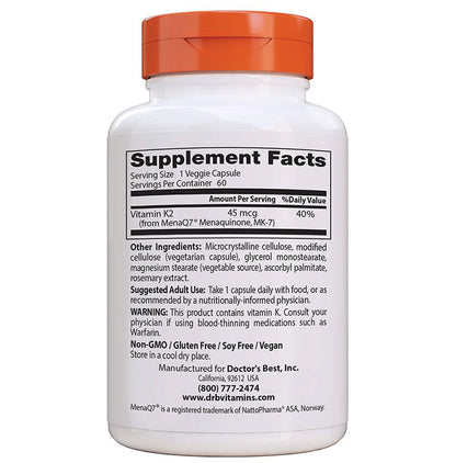 Doctor's Best Natural Vitamin K2 MK 7 with MenaQ7, 45mcg Veggie Cap | For Healthy Bones & Soft Tissue