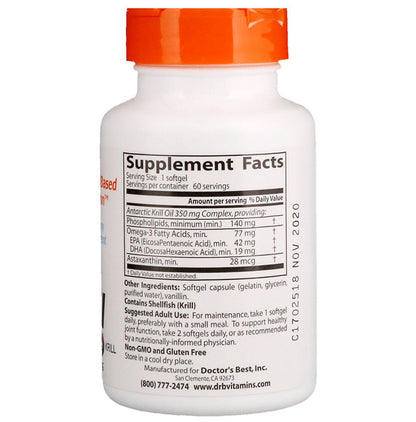 Doctor's Best Real Krill 350mg Highly Bioactive Omega-3 Softgels