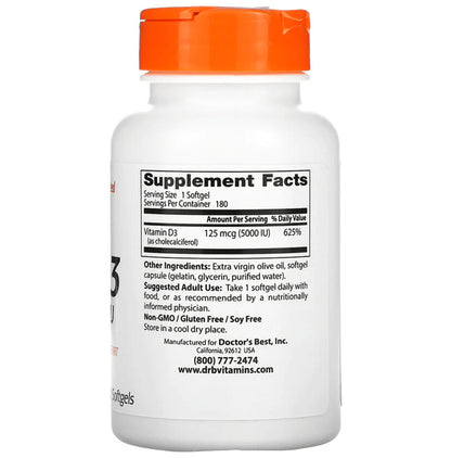 Doctor's Best Vitamin D3 5000IU Softgels | For Immunity, Heart & Bone Health Soft Gelatin Capsule