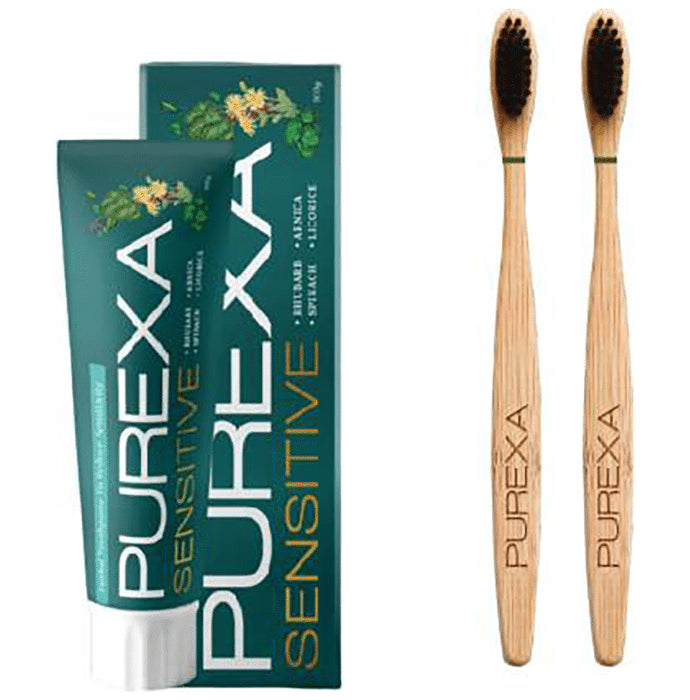 Purexa Combo Pack of Sensitive Toothpaste 100gm & 2 Bamboo Charcoal Toothbrush Soft - Classic Derma