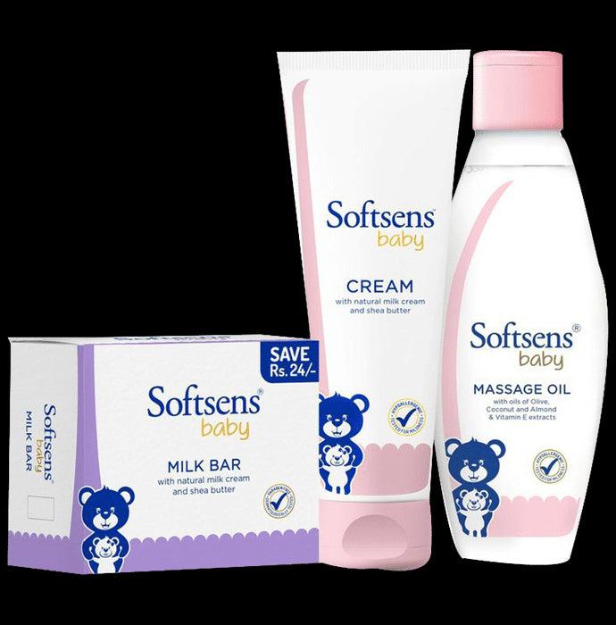 Softsens Combo Pack of Baby Milk Bar 100gm, Baby Cream 100gm and Baby Massage Oil 200ml - Classic Derma