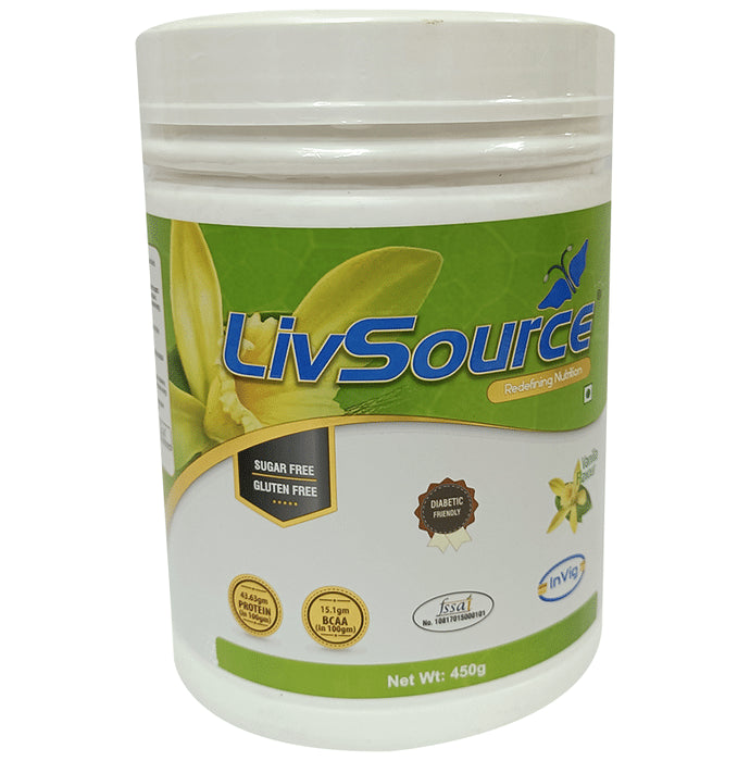 LivSource Powder with Protein & BCAA for Muscle Growth | Sugar & Gluten Free | Flavour Vanilla - Classic Derma