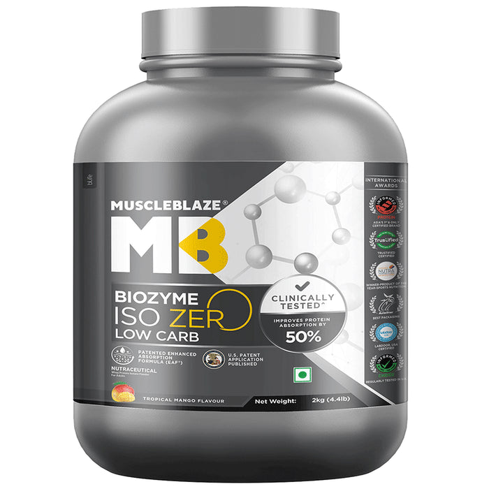 MuscleBlaze Biozyme Iso Zero Low Carb | Improves Protein Absorption by 50% | Flavour Powder Tropical Mango - Classic Derma