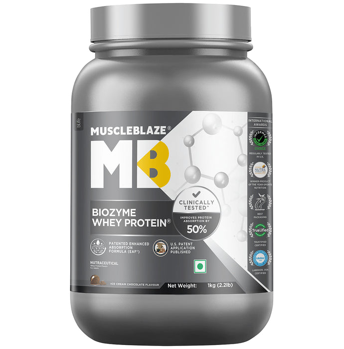 MuscleBlaze Ice Cream Chocolate Flavour | Biozyme Whey Protein | Powder for Muscle Gain | Improves Protein Absorption by 50% - Classic Derma