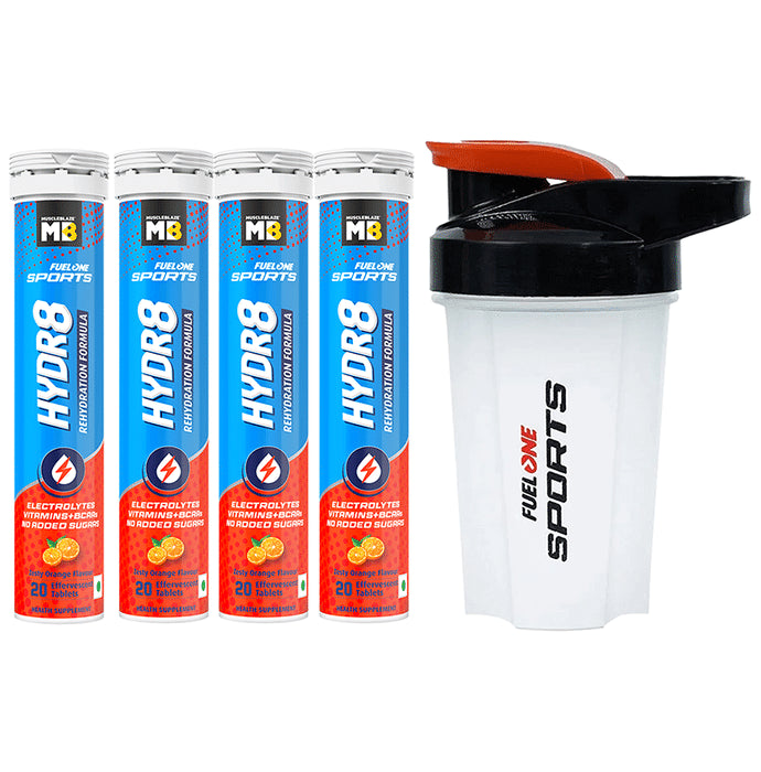 Muscleblaze MB Fuel One Sports Hydr8 Rehydration Formula Effervescent Tablet (20 Each) with Shaker 500ml Zesty Orange - Classic Derma