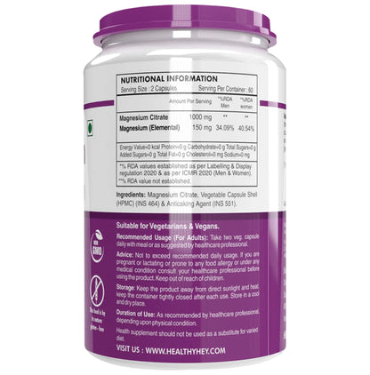 HealthyHey Magnesium Citrate (Chelated) 1000mg Vegetable Capsule