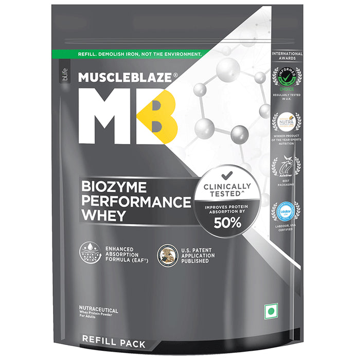 MuscleBlaze MuscleBlaze Biozyme Performance Whey Protein | For Muscle Gain | Improves Protein Absorption | Nutrition Care Powder Magical Mango Refill Pack - Classic Derma