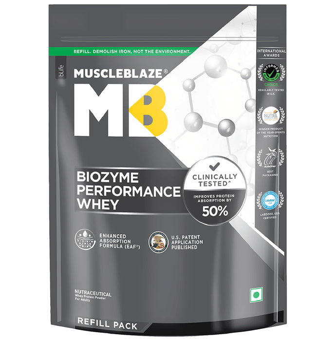 MuscleBlaze MuscleBlaze Biozyme Performance Whey Protein | For Muscle Gain | Improves Protein Absorption | Nutrition Care Powder Rich Chocolate Refill Pack - Classic Derma