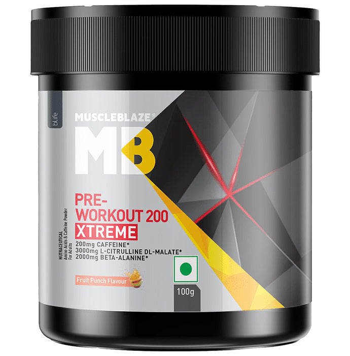 MuscleBlaze Pre-Workout 200 Xtreme | For Energy, Endurance & Muscle Pump | Powder Fruit Punch - Classic Derma