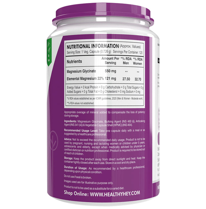 HealthyHey Nutrition Magnesium Glycinate 550mg | Veg Capsule for Muscles, Nerves & Sleep Support